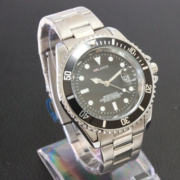 Men's Diver Style Watch Black Uni-directional Bezel Stainless Bracelet 40mm - Picture 2 of 11